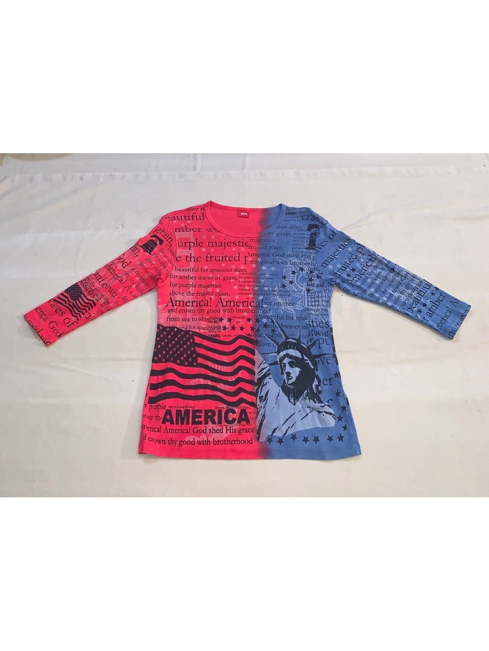 Womens patriotic long sleeve top red blue Statue of Liberty print size L